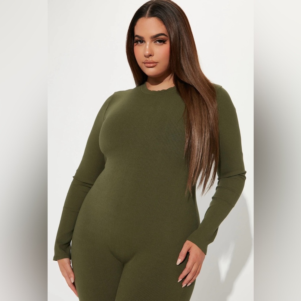 Olive Green Snatched Ribbed Jumpsuit size XL - Picture 3 of 10